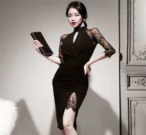 2020 Spring Nouvelle inscription robe de mode noir Perspective creux divisée sexy robe en dentelle femme tempérament ol office dame robe6077248