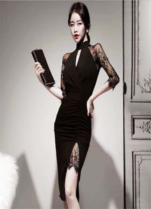 2020 Spring Nouvelle inscription robe de mode noir Perspective creux divisée sexy robe de dentelle femme tempérament de bureau de bureau 9311787