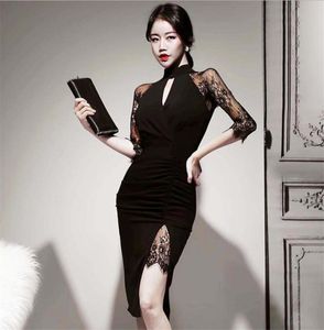 2020 Spring Nouvelle liste de mode Robe noire Perspective creuse divisée sexy robe en dentelle Femme Tempérament Ol Office Dame Dress2187056