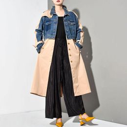 2020 printemps nouveau coupe-vent femmes mode revers à manches longues Denim fendu Joint ample longue grande taille veste femmes automne manteau marée