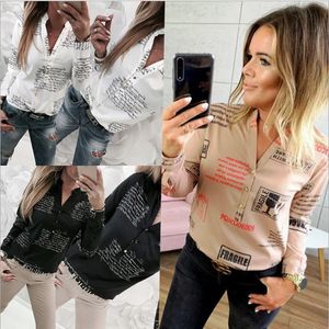 2020 printemps nouveau femmes Blouse chemises à manches longues col en V lettre imprimé blanc décontracté hauts Blusas 3XL grande taille