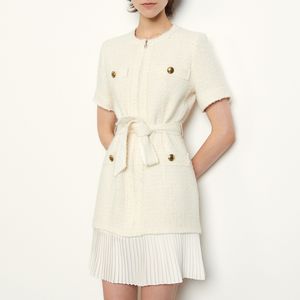 2020 printemps manches courtes col rond blanc couleur pure tweed lambrissé ceinturé plissé au genou robe femmes robes de mode W1815218