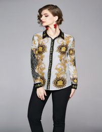2020 Printemps Summer Fall Runway Chic Baroque Floral Print Collar bouton Front Femmes Longs Femmes Madiennes Casual Office Office OL TOP SH6375099