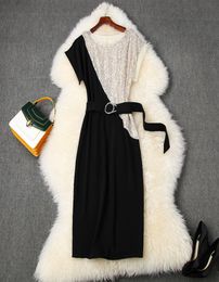 2020 Spring zomer korte mouw ronde nek zwart contrast kleur paneelpanelen Midcalf jurk elegante casual jurken lm26T108312644858