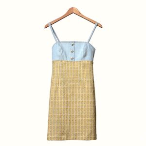 2020 lente zomer spaghetti riem vierkante nek geel plaid print denim paneled knoppen korte mini jurk vrouwen mode jurken w1815095