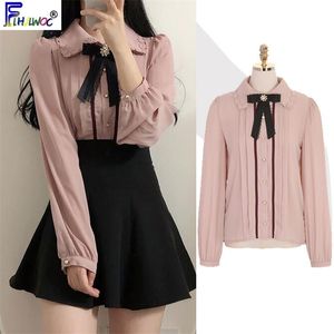 2020 Printemps Femmes Mignon Tops Preppy Style Vintage Japonais Corée Design Bouton Élégant Chemises Formelles Blouses Rose Blanc T200321