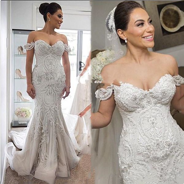 2020 Steven Khalil increíble playa sirena vestidos de novia Dubai árabe fuera del hombro sin espalda vestido de novia barato