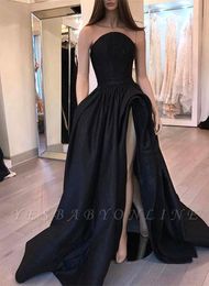 2020 Strapless Satin A Line Prom Dresses Zwart High Split Ruched Avondjurken Plus Size Red Carpet Celebrity Jurk BC3579