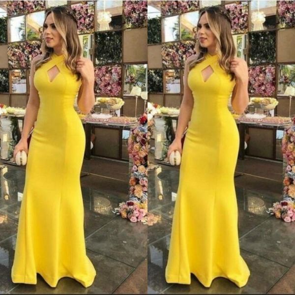 Vestidos de noche de Jersey elásticos de estilo amarillo 2020, vestidos formales ajustados con cuello Halter y corte de sirena para mujer