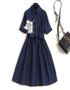 2020 zomer 12 mouw revershals blauw contrast kleur riem met randen paneelglaasjes knielengte jurk elegante casual shirt jurken oj23142338937617