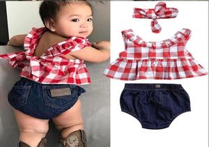 2020 Zomer Baby Girl Clothing Set Plaid Skirt T -Shirt Topsdenim Short Bloomers Hoofdband Baby Girl Desse pasgeboren outfits Y2004855257