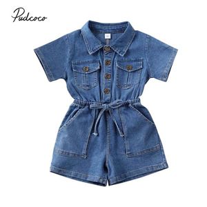 2020 Zomerkleding Teuter Kid Baby Girl Romper Korte jumpsuit Solid Blue Denim Outfit L2405 uit één stuk L2405