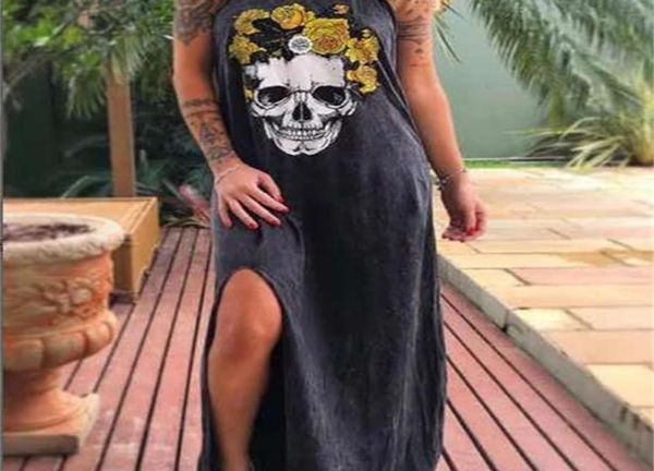 2020 Vestido de verano para mujer, Vestido informal Punk suelto de manga corta con estampado de calavera, Vestido femenino de calle con abertura lateral y flor, Vestido femenino C2976209