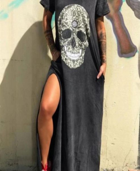 Vestido de verano 2020 para mujer, informal, Punk, holgado, de manga corta, con estampado de calavera, ropa de calle, Vestido femenino con abertura lateral y flores Y5014774