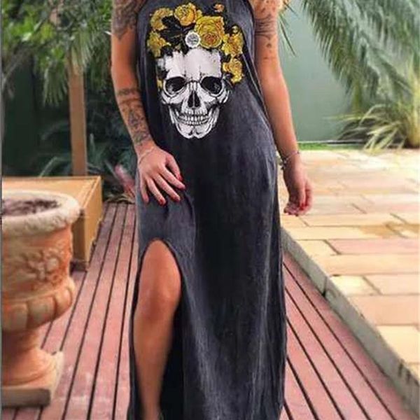 2020 Vestido de verano para mujer, Vestido informal Punk suelto de manga corta con estampado de calavera, Vestido femenino de calle con abertura lateral y flor, Vestido femenino C293M