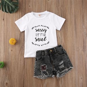 2020 été mode fille lettre manches courtes hauts + déchiré Denim Shorts Jean 2 pièces tenue enfants filles ensemble de vêtements