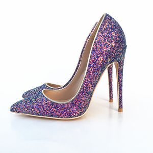 Mode d'été femmes pompes bleu paillettes strass bout pointu mariée chaussures de mariage talons hauts vraie photo 12cm 10cm 8cm marque