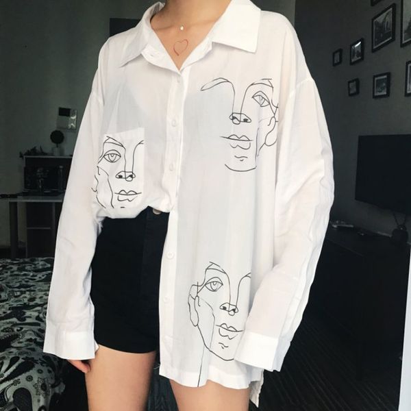 T-shirt d'été pour femmes début du printemps Mar Blouse Chemise Tops Femme Coton Visage Impression À Manches Longues Chemises Longues Femmes Dames Vêtements Col Rayé femmes designer