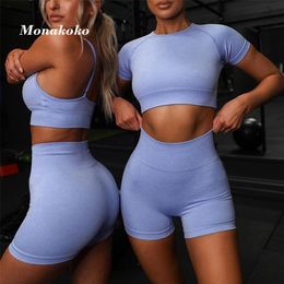 Été Sport Set Femmes Bleu Deux 2 Pièce Crop Top T-shirt Sport Shorts Yoga Sportsuit Workout Active Outfit Fitness Gym Sets T200617
