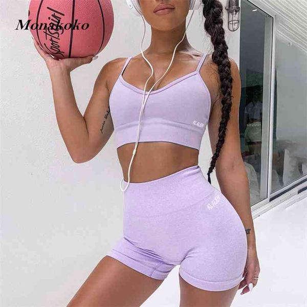 Sport d'été Ensemble Femmes Deux 2 Pièces Violet Crop Top Sport Soutien-Gorge Shorts Yoga Sportsuit Tenue D'entraînement Mince Polyester Gym Ensemble T200618