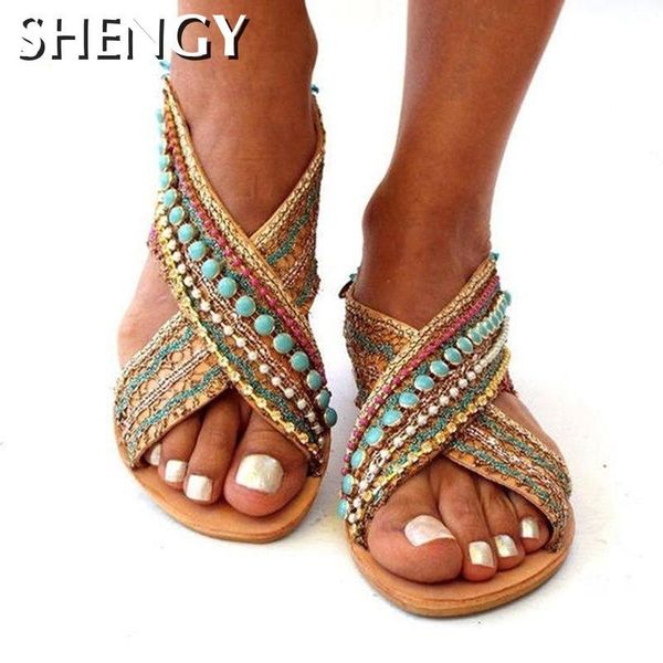 2020 été femmes sandales croix-sangle perles sandales plates Style ethnique étranger bohème plage chaussures femme Sandalias chaussures J2023