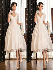 2020 Longitud del té Vestidos de novia generosos Veses cortos V Neck Satin Wedding Wedding Wedds Vestidos hechos a medida Boda barata P2340156