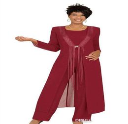 2020 Driedelige Crimson moeder van de bruid broekpakken met jasje chiffon op maat gemaakte bruiloftsgastjurk met lange mouwen MD096572263