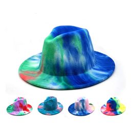 2020 Tie Dye Fedora Hoed Winter Panama Jazz Caps Dames Mannen Wol Vilt Breed Brim Gangster Trilby Hats