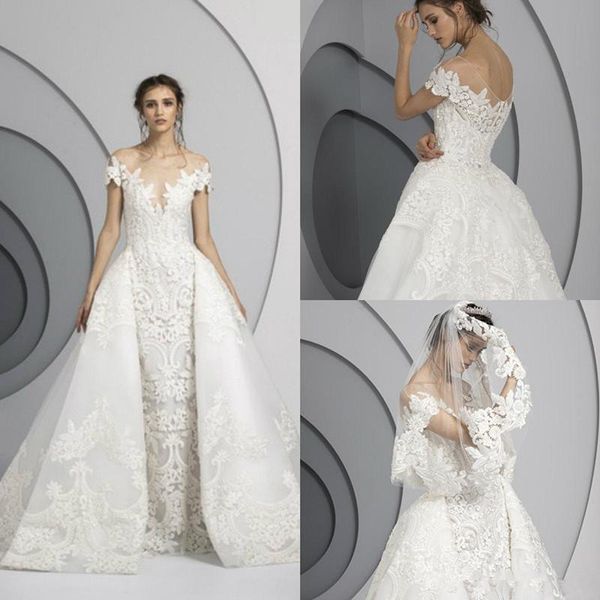 Tony Ward Robes De Mariée Avec Train Détachable Dentelle Floral Appliqued Robe De Mariée Sirène Sheer Off Épaule Plus La Taille Robes De Mariée