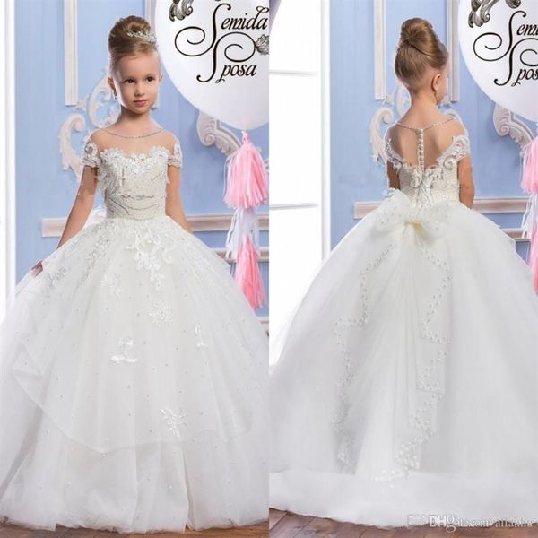 2020 Tulle Arabe Robes De Fille De Fleur Pour Le Mariage Sheer Cou Vintage Perles Enfant Pageant Robes Belle Fleur Fille De Mariage Dr273U