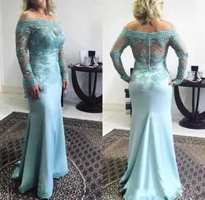 2020 Turquoise Mermaid Moeder van de bruid jurken Off schouder kanten Appliques lange mouwen plus size feestjurk bruiloft gues2856321