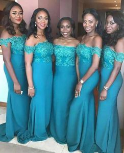 2020 turquoise marine blauwe kant satijnen zeemeermin off shoulder bruidsmeisje jurken bruiloft gasten meid van erejurk