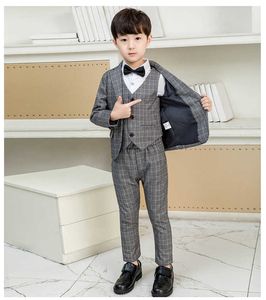 2020 Tweed Grijs Plaid Jongenspak 3 Stuks Set Slim Fit Kinderen Prom Wedding Past Blazer Kid Tuxedo voor Bruiloft Jas Broek Vest X0909