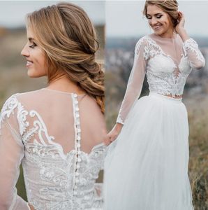 Land Trouwjurken Bruidsjurken Een Lijn Illusie Lange Mouw Bruid Jurk 2021 Twee Stuk Ivory Tulle Applique Lace Boho Beach Vestidos