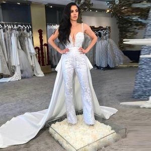 2020 monos de boda de campo únicos con tren desmontable tren largo encaje apliques vestidos de novia cuello transparente vestido de novia de satén 261Z