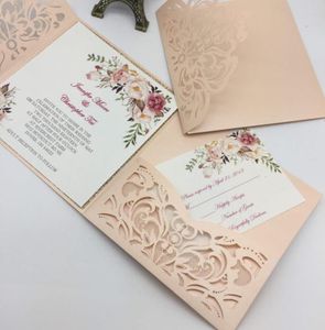 2020 Tarjetas de invitaciones de boda con corte láser únicas Tarjeta de invitación nupcial de flor hueca personalizada de alta calidad Cheap2497617