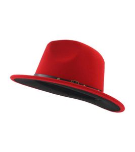 2020 Unisexe Flat Brim Wool Felt Fedora Chapeaux avec ceinture Red Black Patchwork Jazz Hat formel Panama Cap Trilby Chapeau pour hommes femmes 5191293