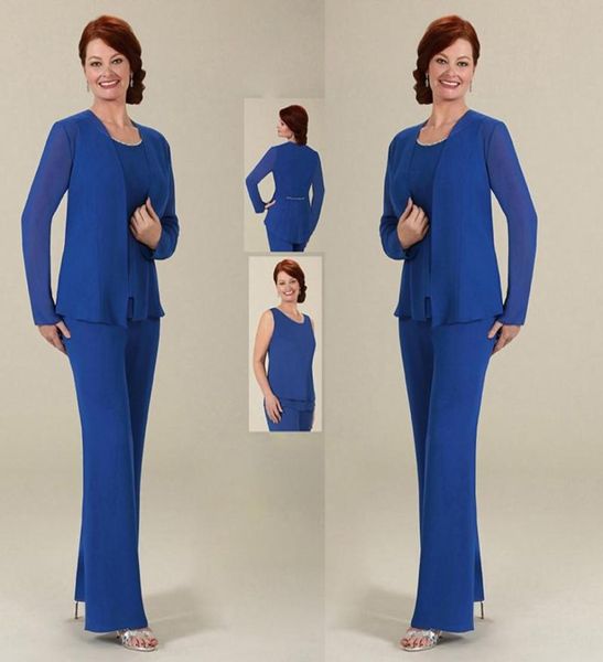 2020 Ursula Bleu Mère De La Mariée Pantalon Costumes Avec Veste Longueur Cheville Manches Longues Robe D'invité De Mariage En Mousseline De Soie Tenue De Bal Robe7446841