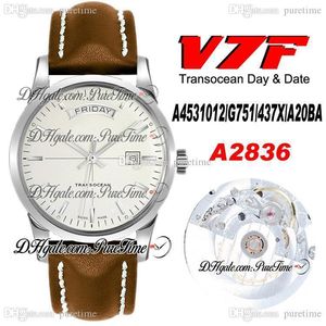 2020 V7F Transocean Day Datum A4531012 ETA A2836 Automatische Herenhorloge Zilver Dial Bruin Lederen White Line Best Edition PTBL Puretime 8AC3