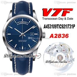 2020 V7F Transocean Day Date A453109T ETA A2836 Montre automatique pour homme Cadran bleu Cuir bleu avec ligne blanche Meilleure édition Nouveau PTBL Puretime