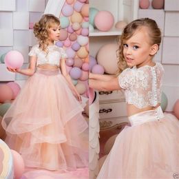 2020 Vestidos Primera Comunion Tweede stuk bal jurk bloemenmeisje jurk Lace peuter glitz optocht jurken mooie kinderen prom jurk 306i
