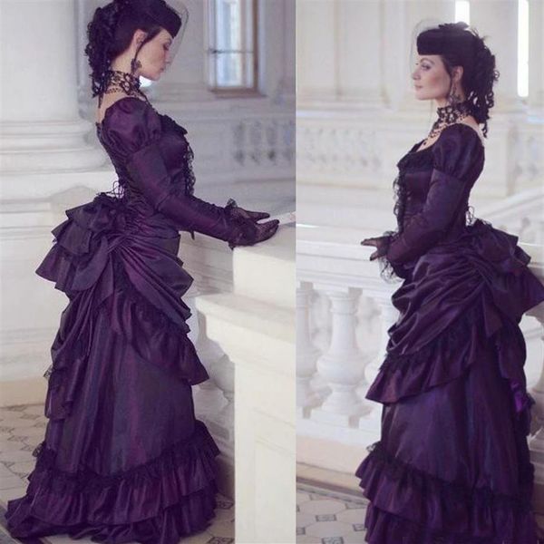 2020 Victorian Gothic Purple Vestidos de baile Retro Royal House Ball Duquesa Vestidos de fiesta Manga larga Encaje Fruncido Renacimiento Aristocr2317