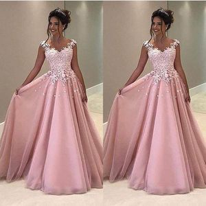 2020 Vintage Une Ligne Rose Robes De Bal Dentelle Applique Cap Manches Sheer Retour Robes De Soirée Formelle Robes De Soirée Pas Cher Robes Longues