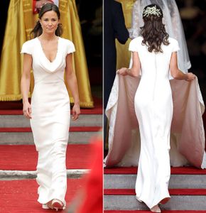 2020 Vintage asequible Pippa Middleton vestido de dama de honor una línea de vaina vestidos de madre cuello drapeado vestidos de novia 216l