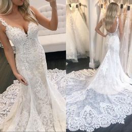 Vintage Berta Mermaid Lace Wedding Jurken Appliqued Banden V Nek Backless Bridal Trows Chapel Plus Size Vestidos de Nnovia