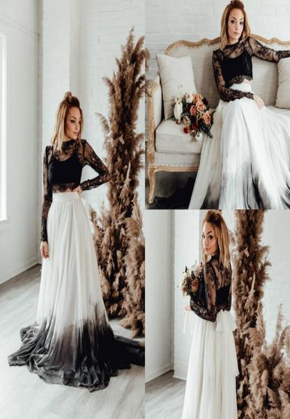 2020 Vintage robes de mariée noires bijou cou dentelle appliqué tulle une ligne manches longues robes de mariée gothiques style de plage Abiti Da S3424135