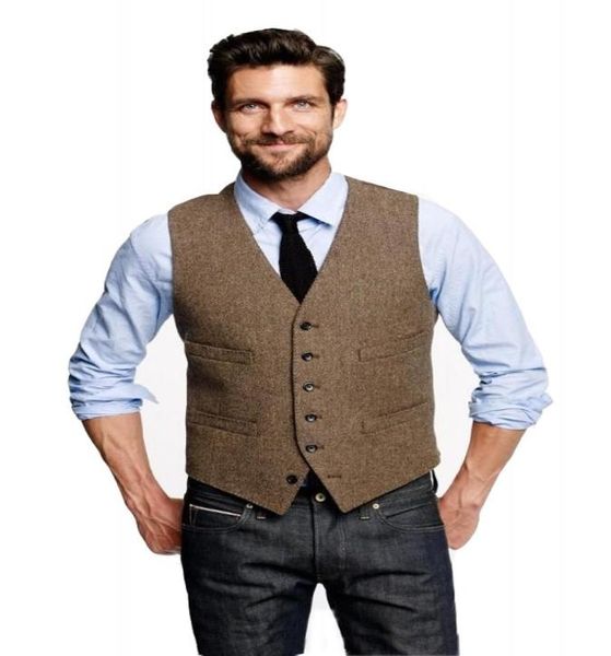 2020 Chaleco de tweed marrón vintage Chalecos de novio de espiga de lana Chalecos de traje de hombre de estilo británico Chaleco de vestir ajustado para hombre Boda personalizada W8247365