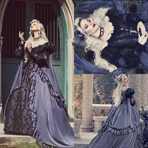 2020 Vintage Gothic Trouwjurken Satijn Kant Ruches A Line Sweep Trein Lange Mouw Trouwjurk Custom Made Bridal Robes de Mariée