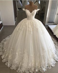 2020 Vintage Kant Trouwjurken V-hals Off Shoulder Applicaties Dubai Elegante Bruidsjurken Lace Up Puffy Ball Gowns Vestido de Novia