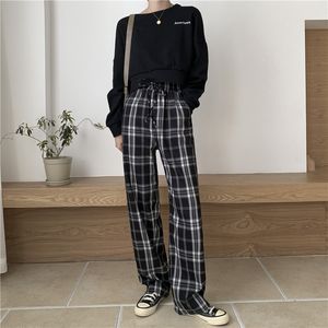 2020 vintage plaid broek elastische taille broek vrouwen hoge taille plus size wide poot casual vrouwelijke koreaanse broek vrouwen